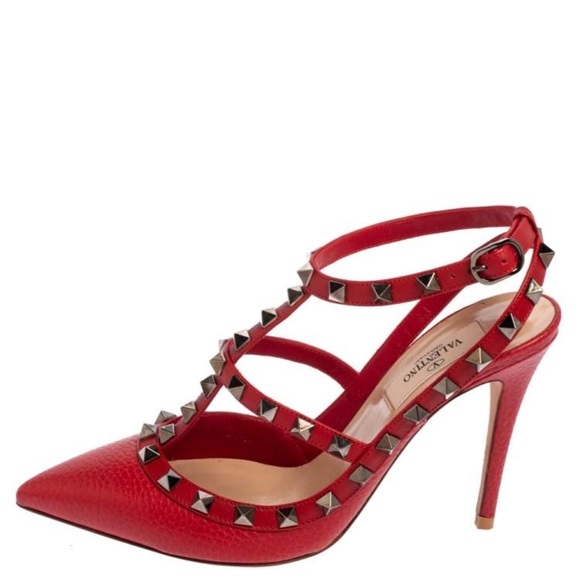 Valentino Red Leather Rockstud Pointed Toe Ankle Strap Sandals Size 40 - Picture 4 of 10